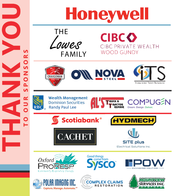 Image with several logos: honeywell, the lowes family, cibc private wealth wood gundy, craigowan, nova steel, ITS, RBC wealth management dominion securities randy paul lee, Al's Truck & Tractor Repair, compugen, scotiabank, hydmech, cachet, site plus electrical solutions, oxford proresp, sysco, pow engineering solutions, polar imaging inc, complex claims restoration, and mountview services inc.